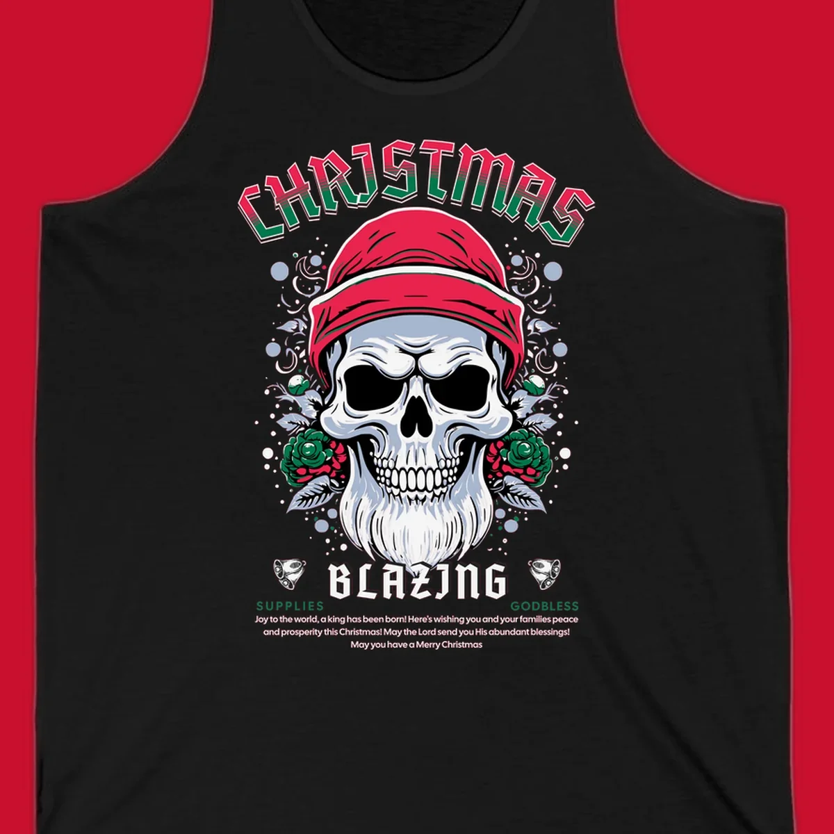 Skull wearing a Santa hat with roses and the text CHRISTMAS BLAZING, for a loud Christmas design.