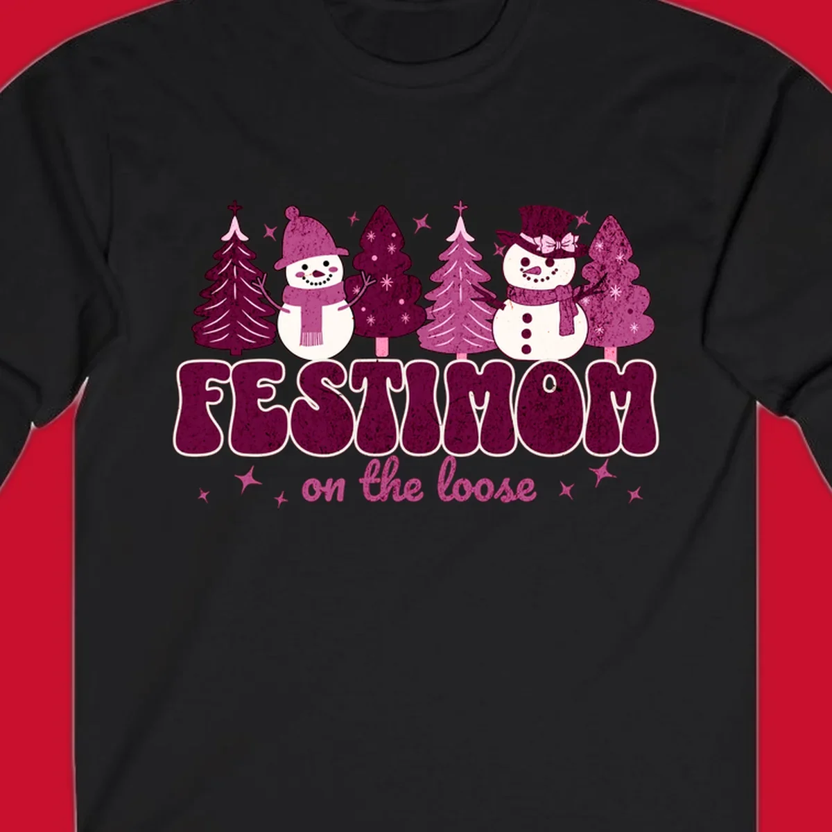 Festivus mom on the loose design with snowmen and christmas trees.