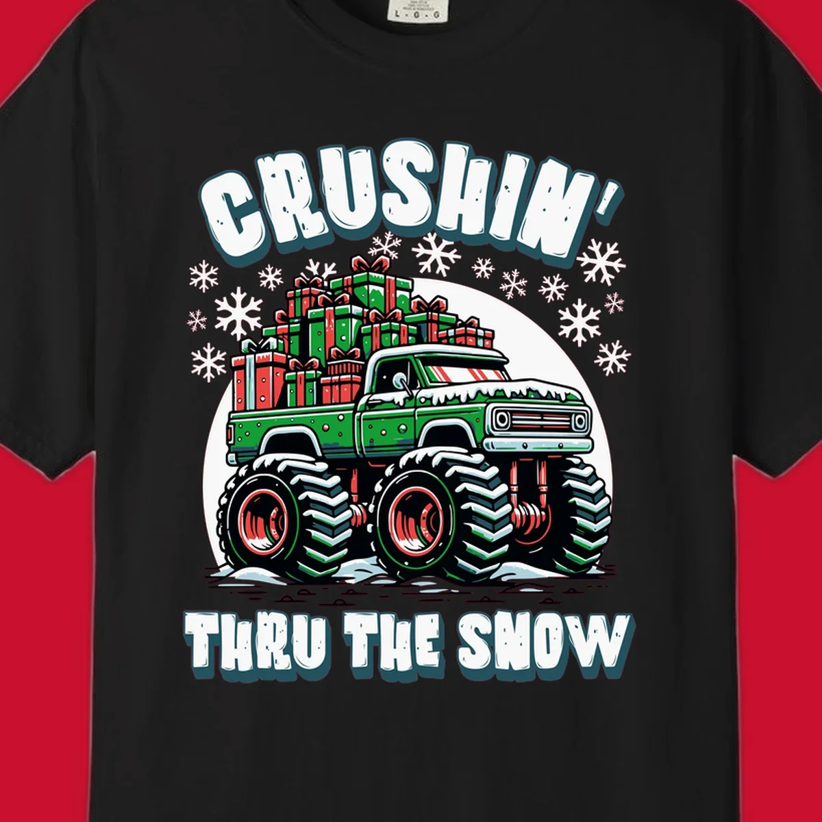Christmas monster truck crushin thru the snow with gift boxes and snowflakes