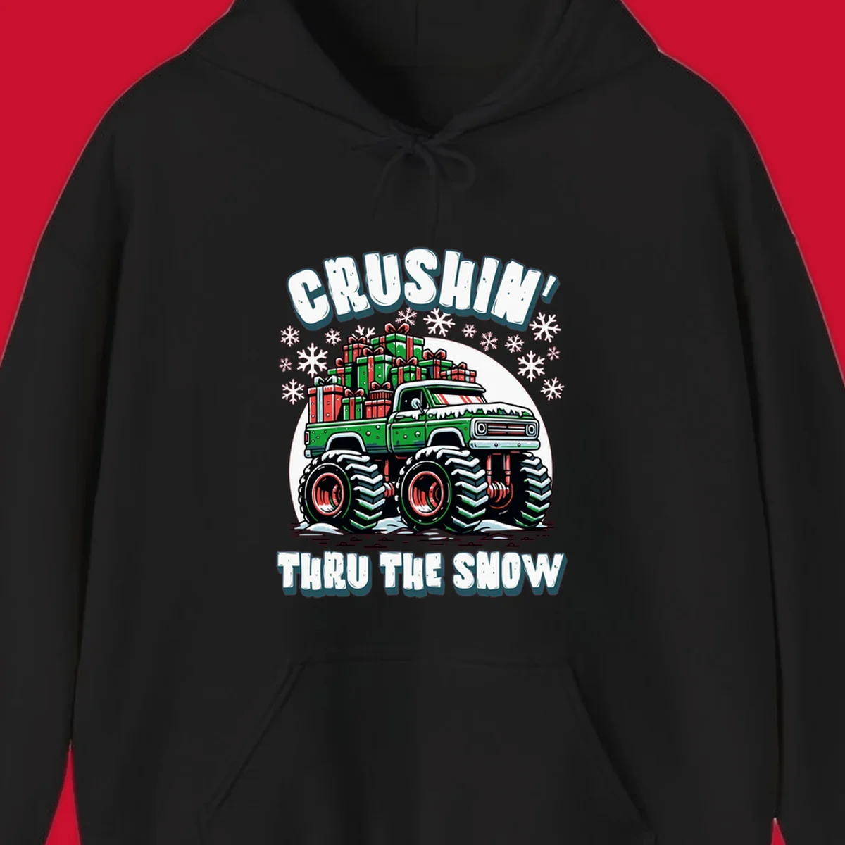 Christmas monster truck crushin thru the snow with gift boxes and snowflakes