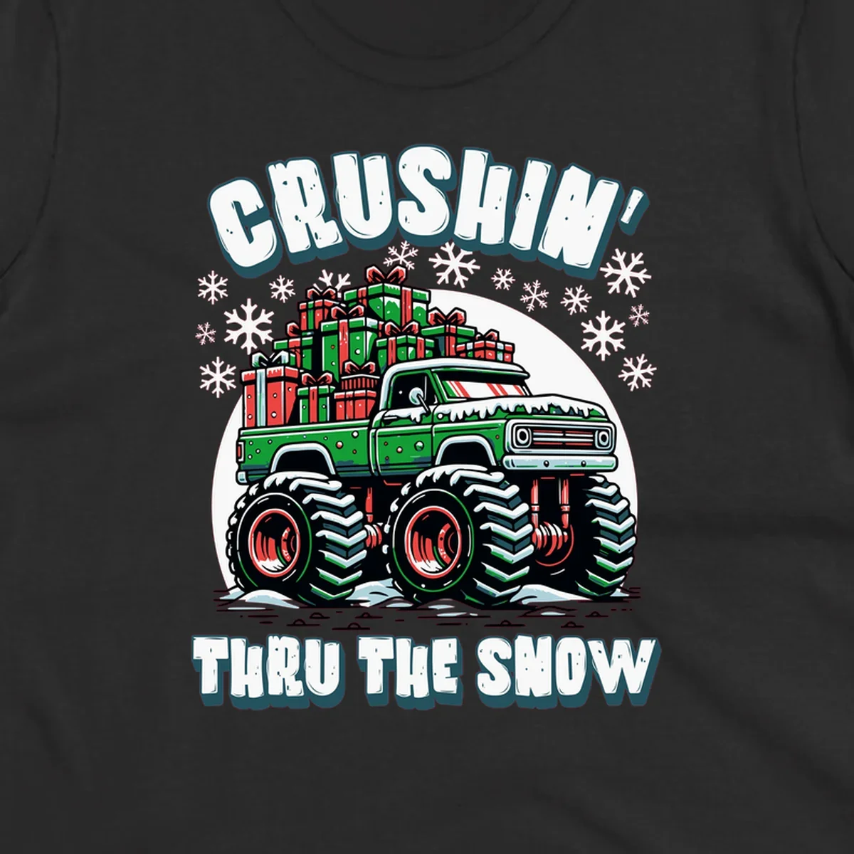Christmas monster truck crushin thru the snow with gift boxes and snowflakes