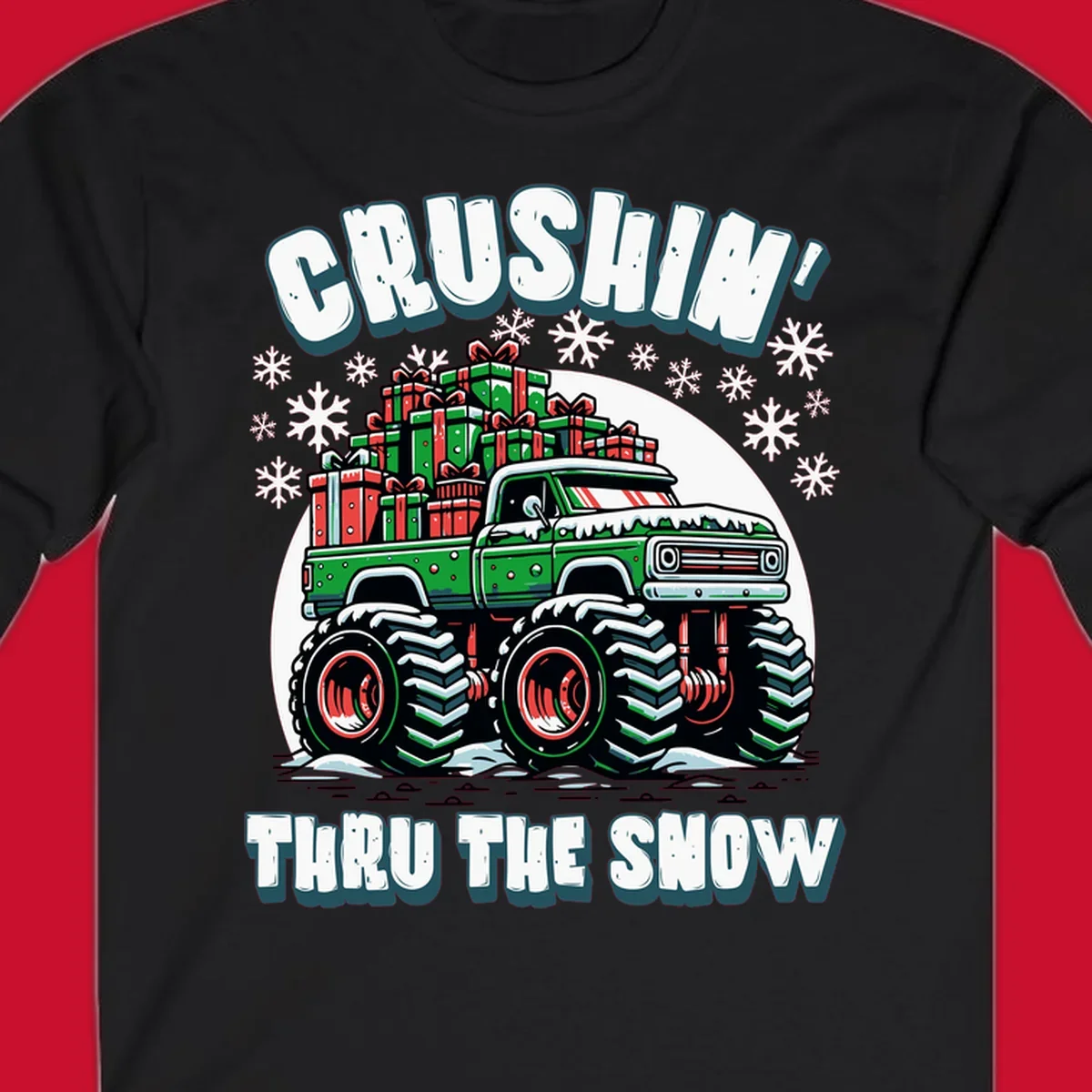 Christmas monster truck crushin thru the snow with gift boxes and snowflakes
