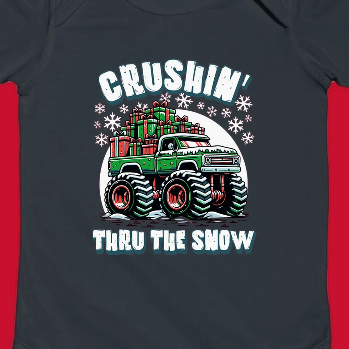 Christmas monster truck crushin thru the snow with gift boxes and snowflakes