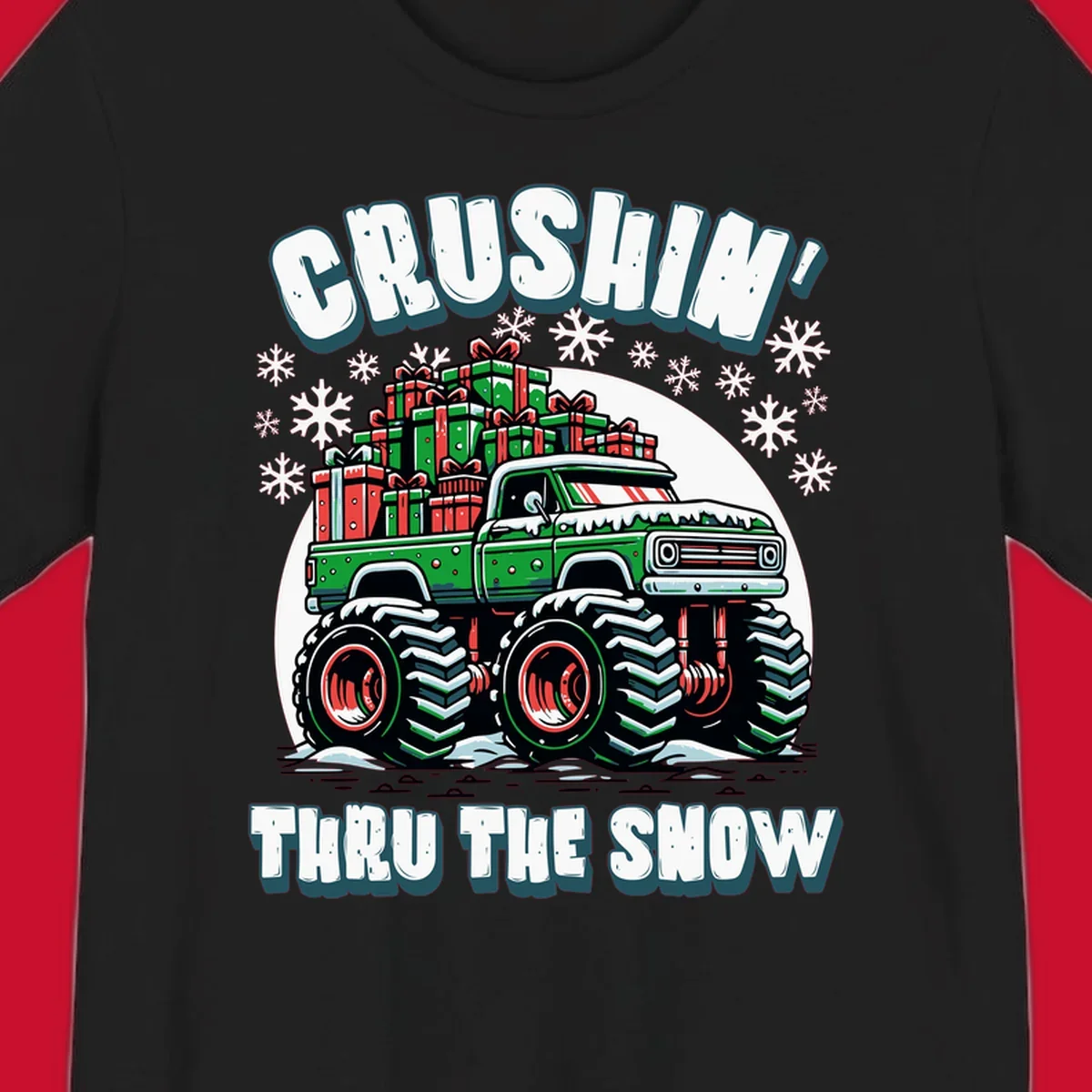 Christmas monster truck crushin thru the snow with gift boxes and snowflakes