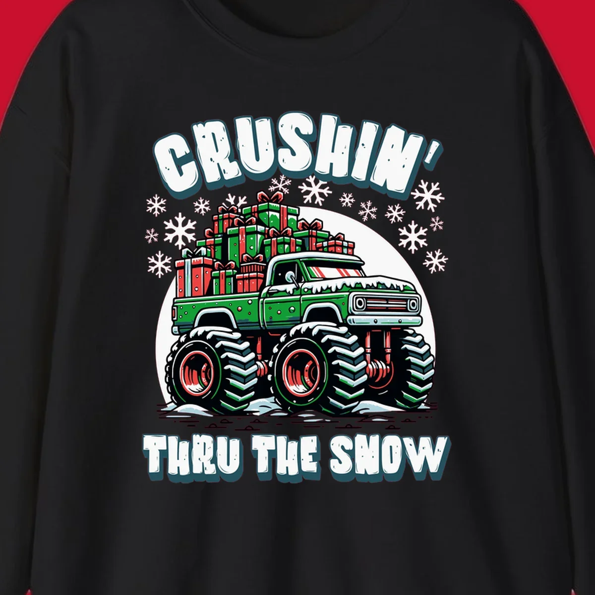 Christmas monster truck crushin thru the snow with gift boxes and snowflakes