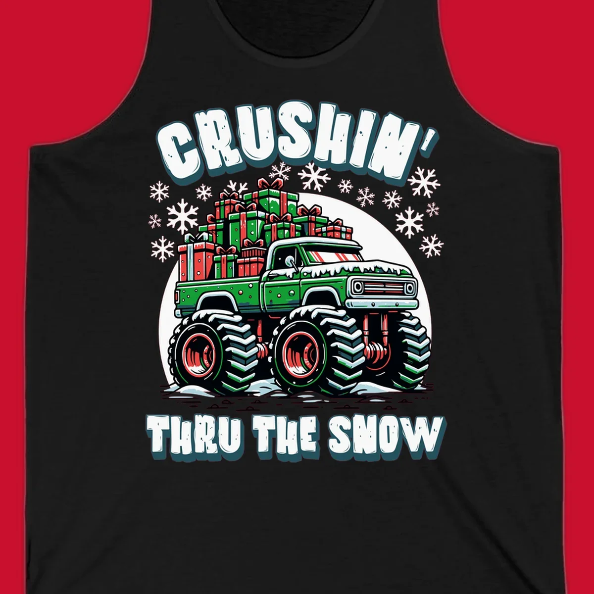 Christmas monster truck crushin thru the snow with gift boxes and snowflakes