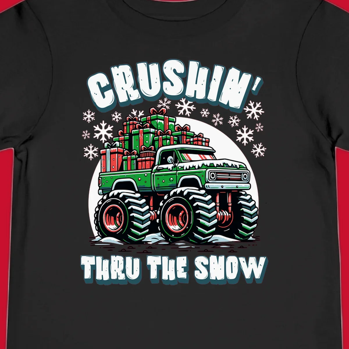 Christmas monster truck crushin thru the snow with gift boxes and snowflakes