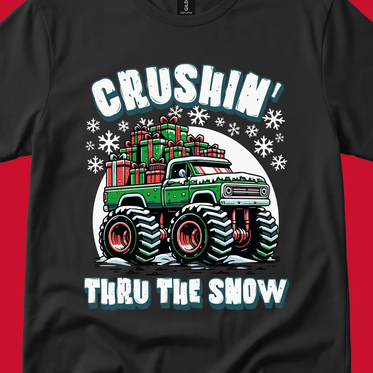 Christmas monster truck crushin thru the snow with gift boxes and snowflakes