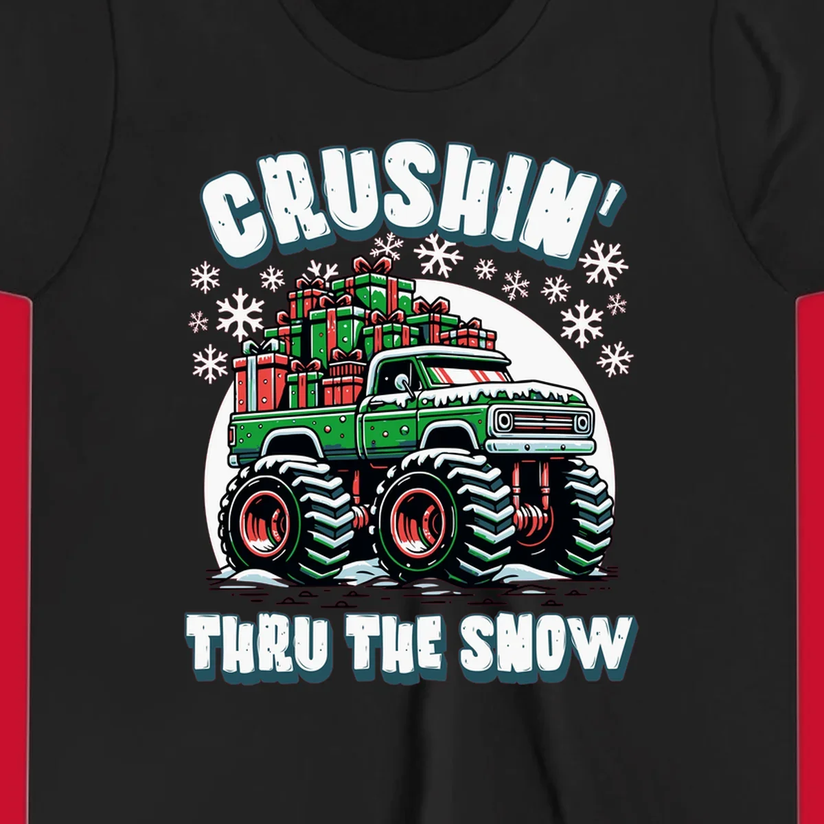 Christmas monster truck crushin thru the snow with gift boxes and snowflakes