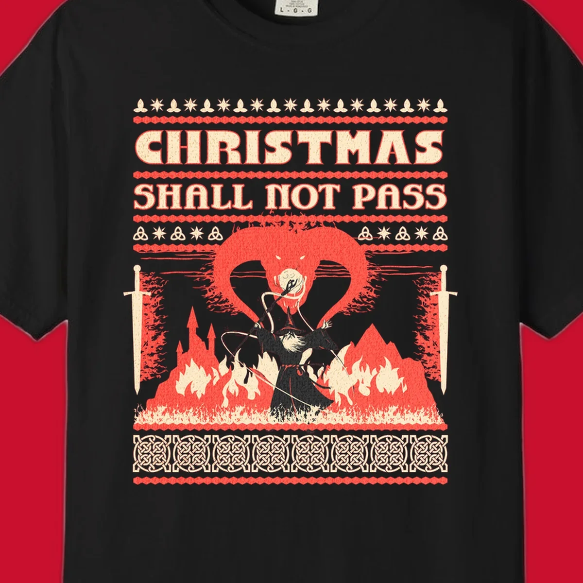 Wizard battling a dragon with 'Christmas Shall Not Pass' text, a dark fantasy-themed Christmas graphic.