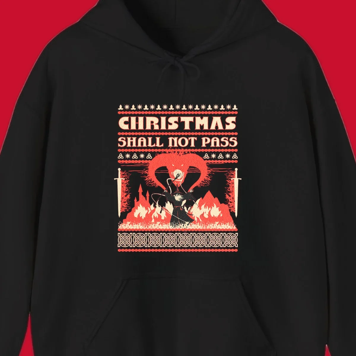 Wizard battling a dragon with 'Christmas Shall Not Pass' text, a dark fantasy-themed Christmas graphic.