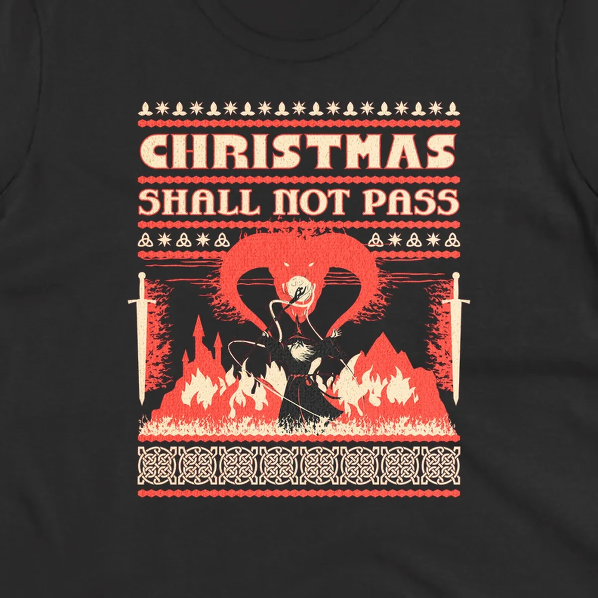 Wizard battling a dragon with 'Christmas Shall Not Pass' text, a dark fantasy-themed Christmas graphic.