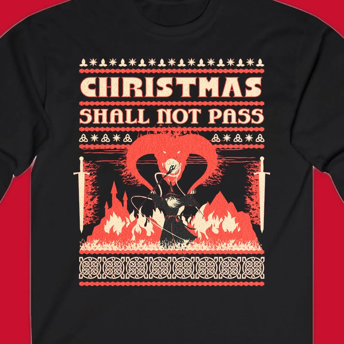 Wizard battling a dragon with 'Christmas Shall Not Pass' text, a dark fantasy-themed Christmas graphic.