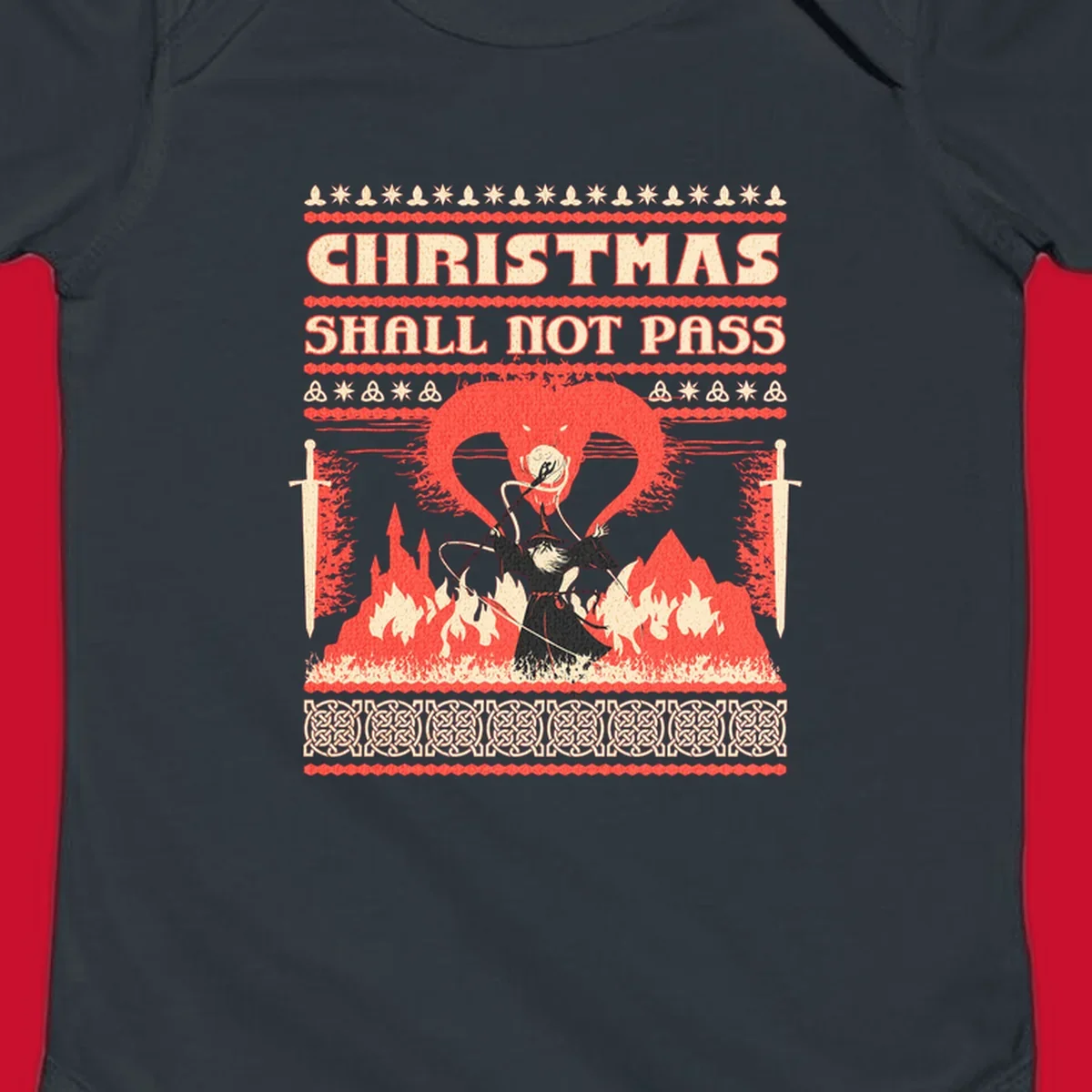 Wizard battling a dragon with 'Christmas Shall Not Pass' text, a dark fantasy-themed Christmas graphic.