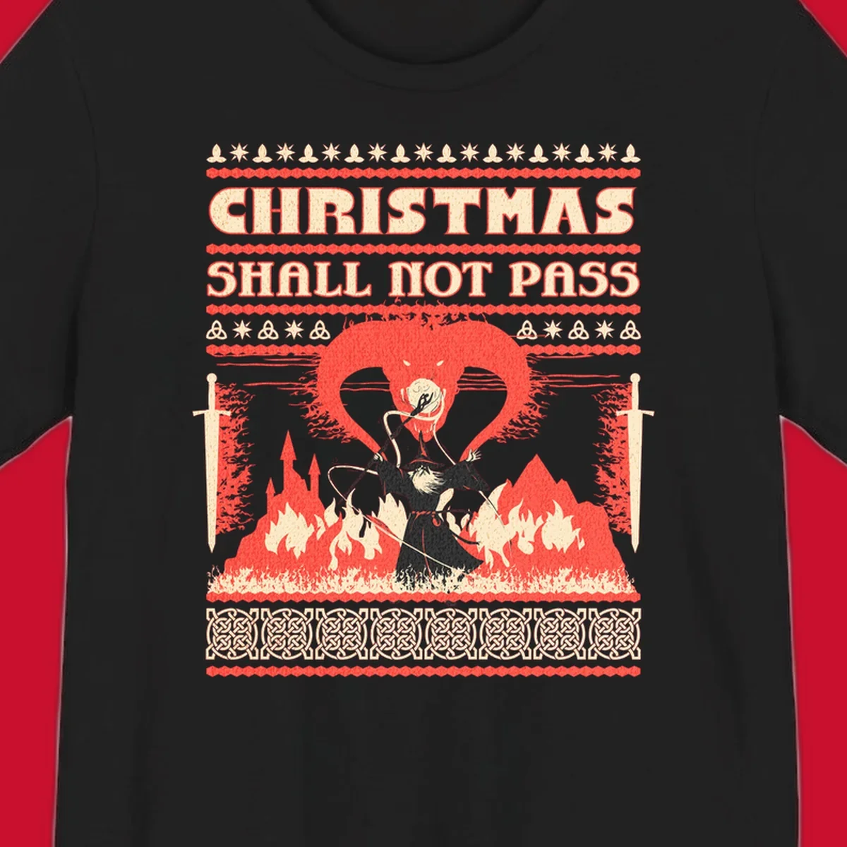 Wizard battling a dragon with 'Christmas Shall Not Pass' text, a dark fantasy-themed Christmas graphic.