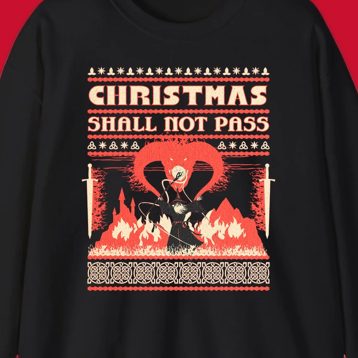 Wizard battling a dragon with 'Christmas Shall Not Pass' text, a dark fantasy-themed Christmas graphic.