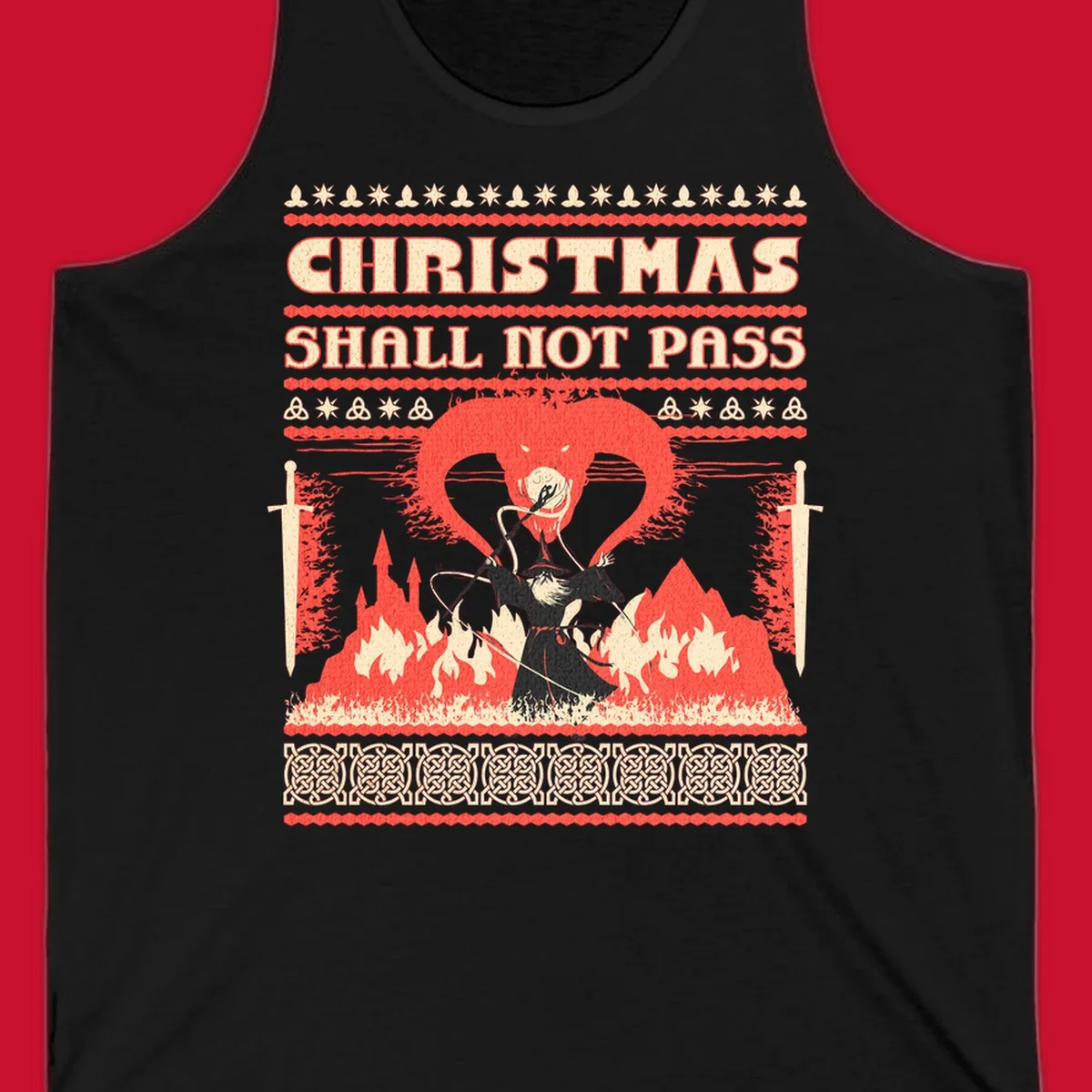 Wizard battling a dragon with 'Christmas Shall Not Pass' text, a dark fantasy-themed Christmas graphic.