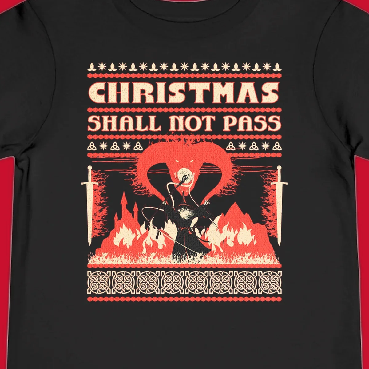 Wizard battling a dragon with 'Christmas Shall Not Pass' text, a dark fantasy-themed Christmas graphic.