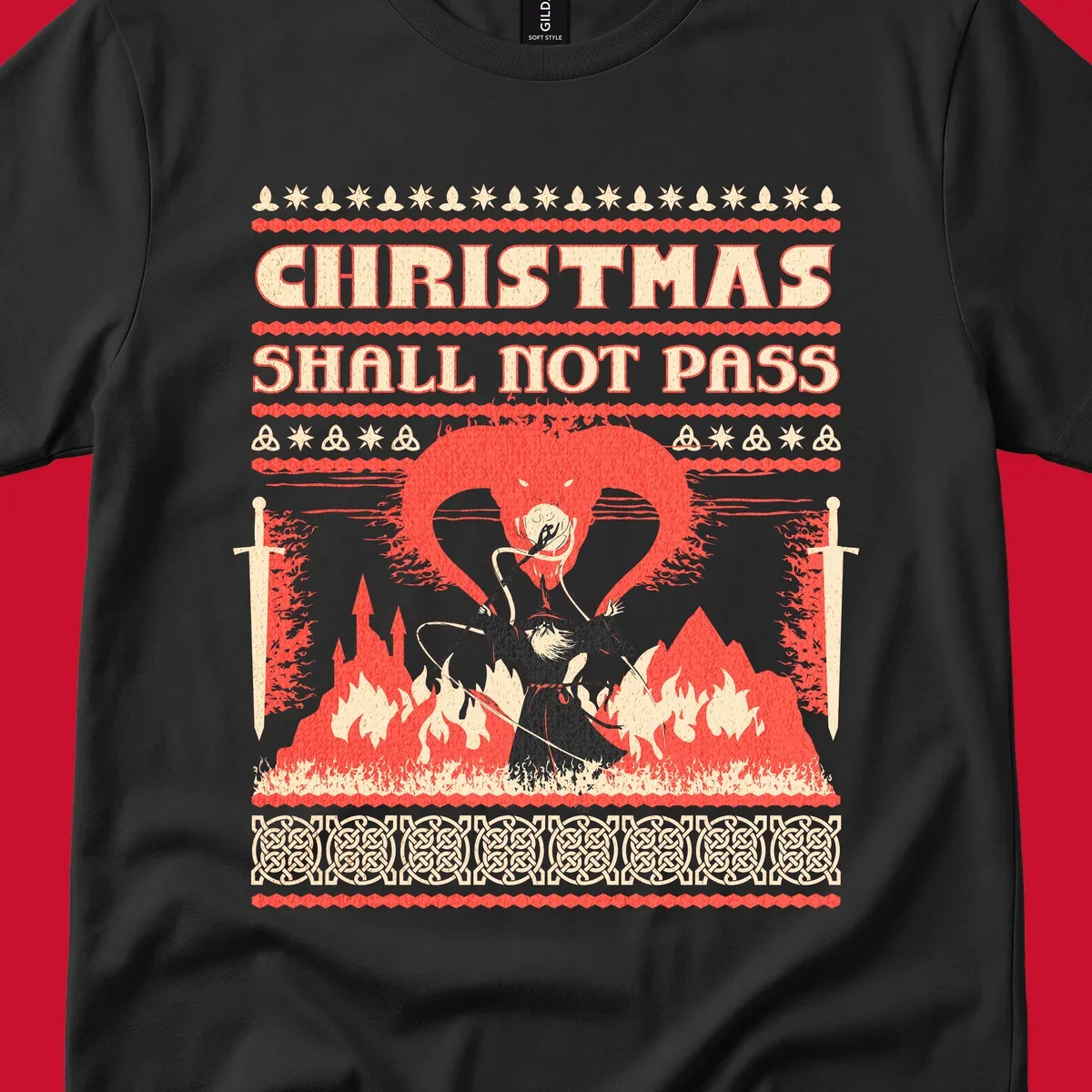 Wizard battling a dragon with 'Christmas Shall Not Pass' text, a dark fantasy-themed Christmas graphic.