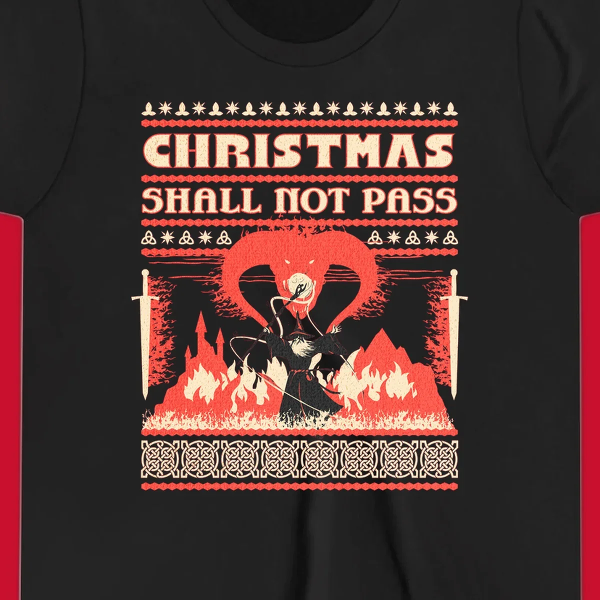 Wizard battling a dragon with 'Christmas Shall Not Pass' text, a dark fantasy-themed Christmas graphic.