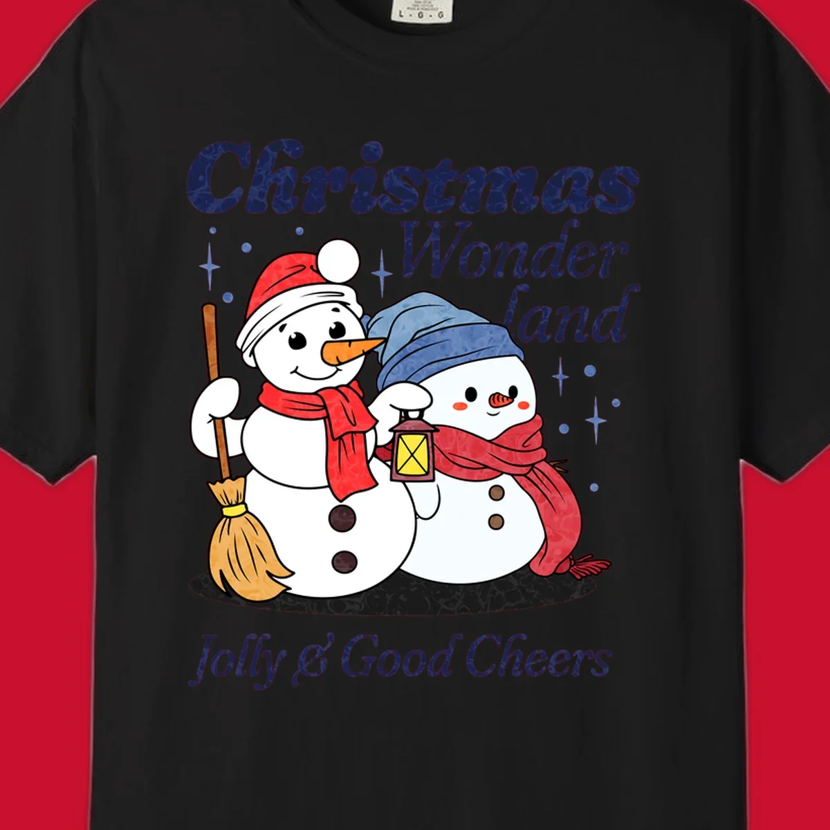 Christmas Wonderland snowmen with lantern and broom, Jolly & Good Cheers text.