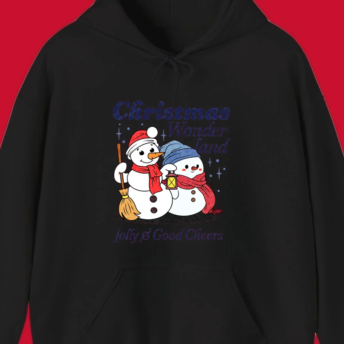 Christmas Wonderland snowmen with lantern and broom, Jolly & Good Cheers text.