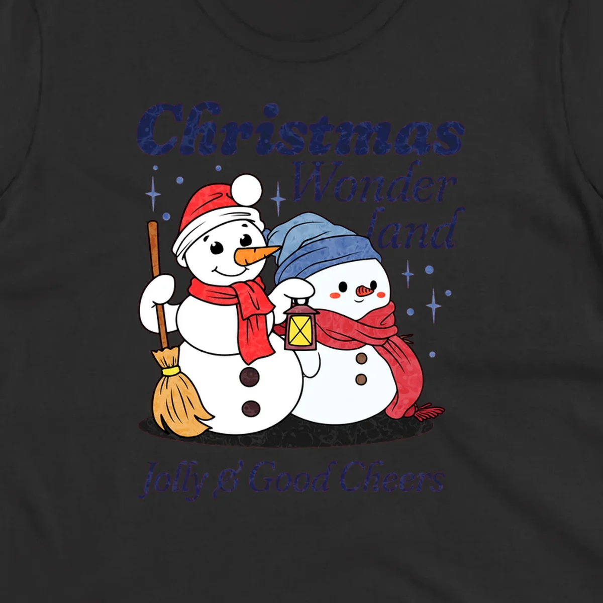 Christmas Wonderland snowmen with lantern and broom, Jolly & Good Cheers text.