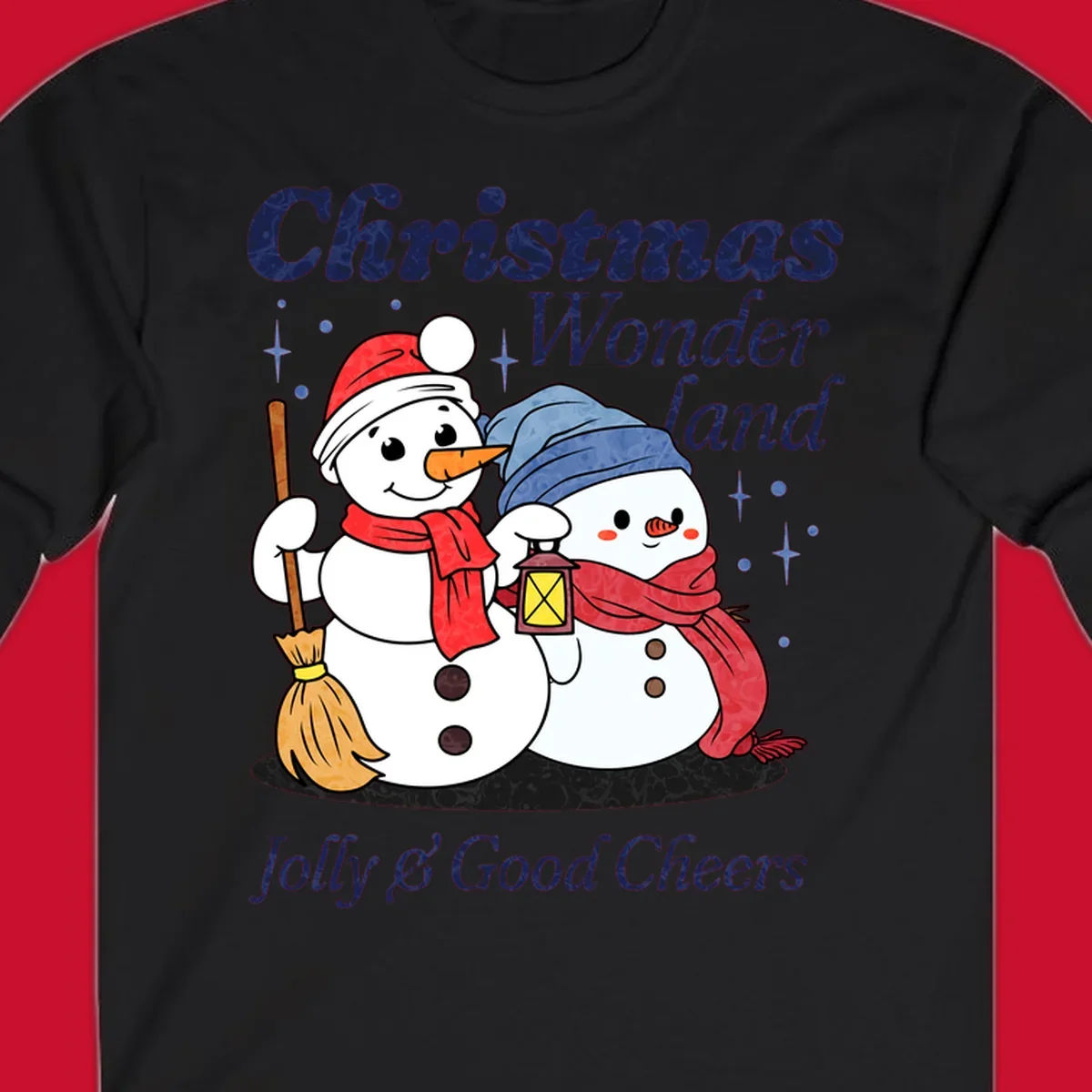 Christmas Wonderland snowmen with lantern and broom, Jolly & Good Cheers text.