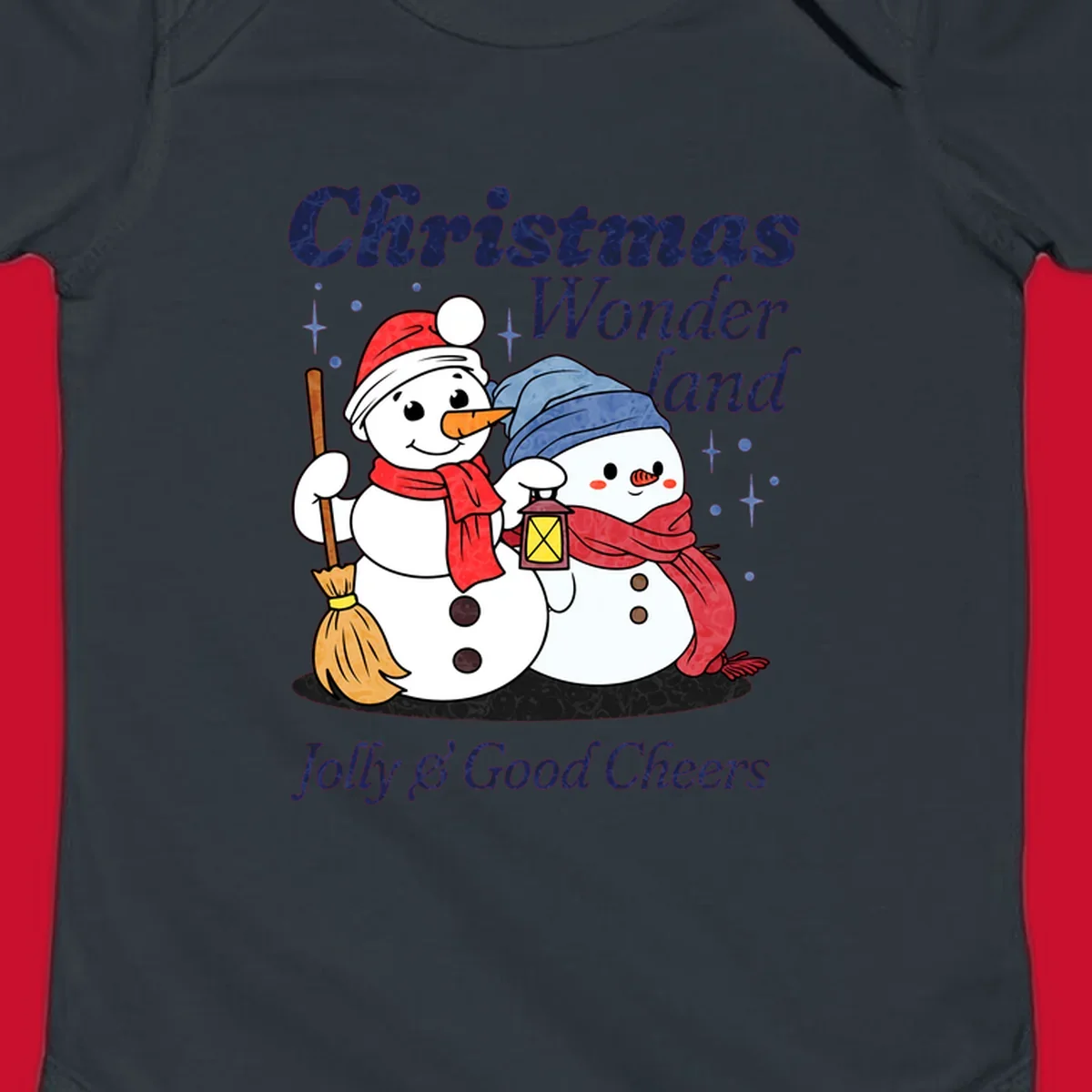 Christmas Wonderland snowmen with lantern and broom, Jolly & Good Cheers text.