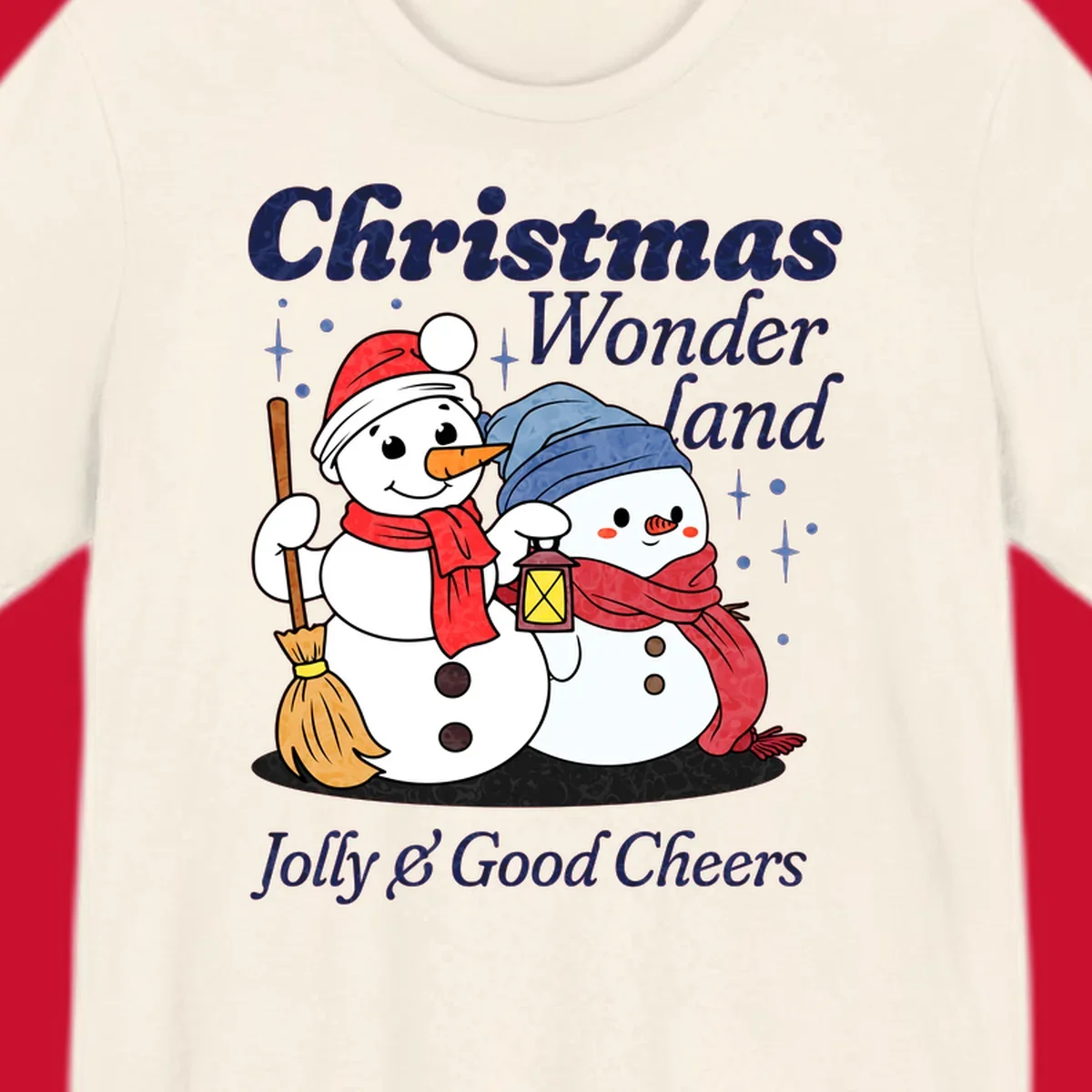 Christmas Wonderland snowmen with lantern and broom, Jolly & Good Cheers text.