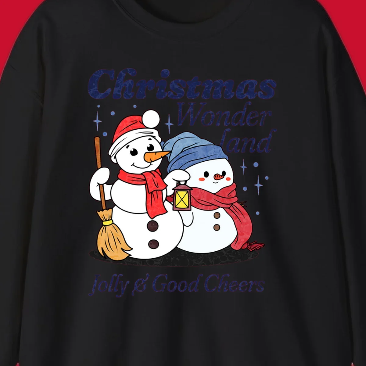 Christmas Wonderland snowmen with lantern and broom, Jolly & Good Cheers text.