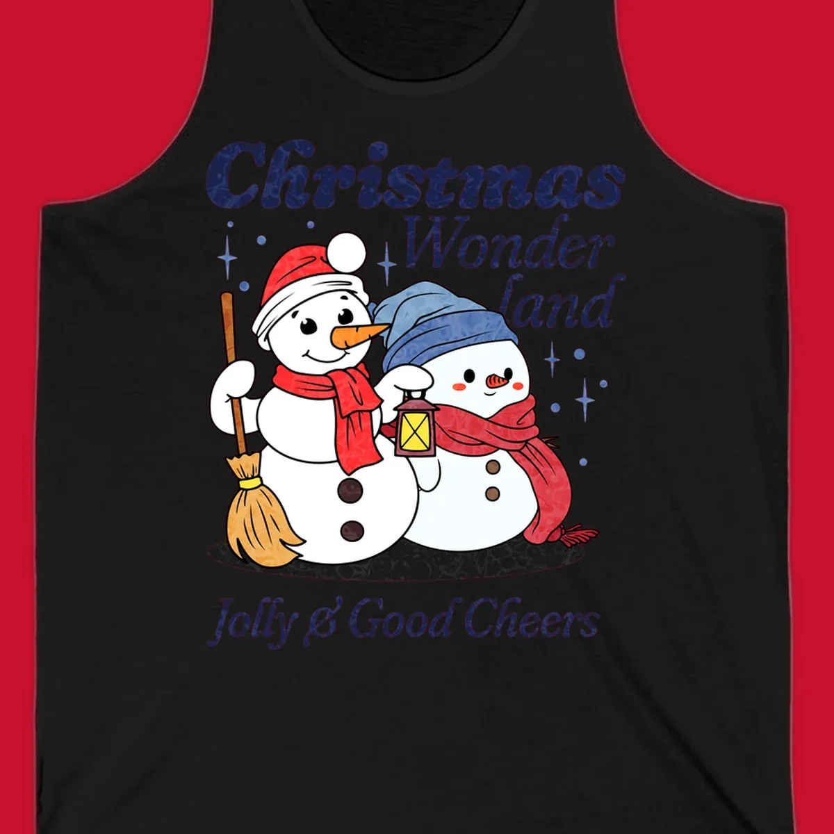 Christmas Wonderland snowmen with lantern and broom, Jolly & Good Cheers text.