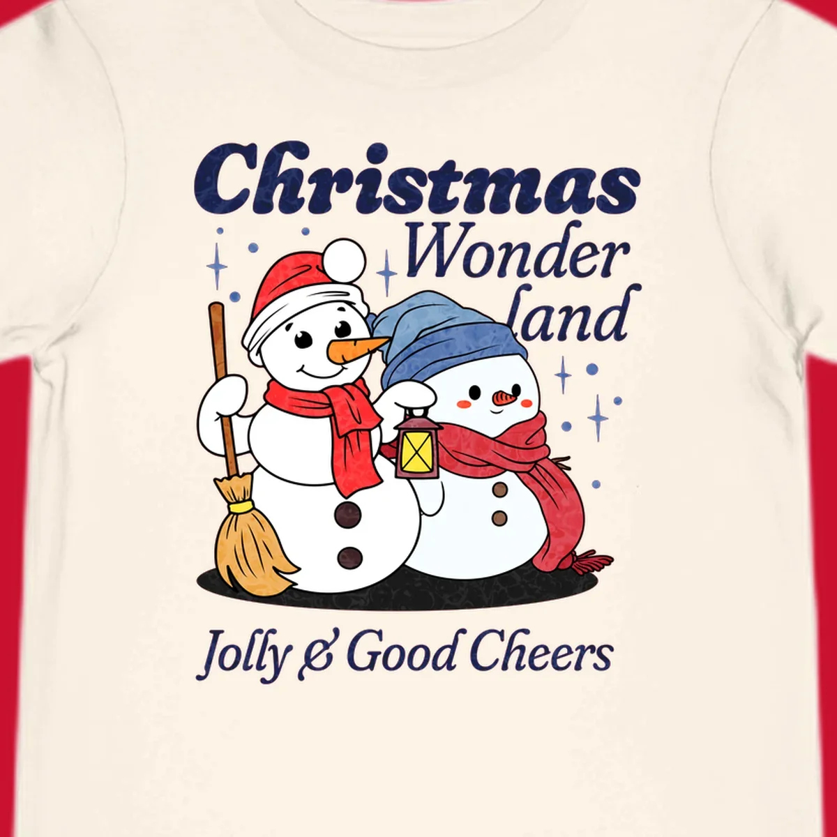 Christmas Wonderland snowmen with lantern and broom, Jolly & Good Cheers text.