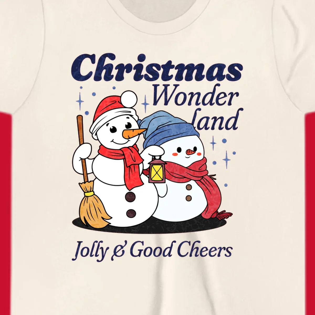 Christmas Wonderland snowmen with lantern and broom, Jolly & Good Cheers text.