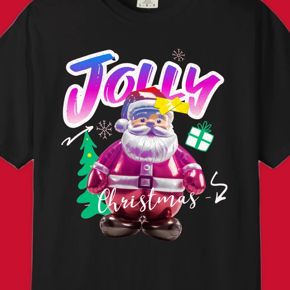 Jolly Christmas Santa balloon graphic with text, tree, gift, and snowflakes.