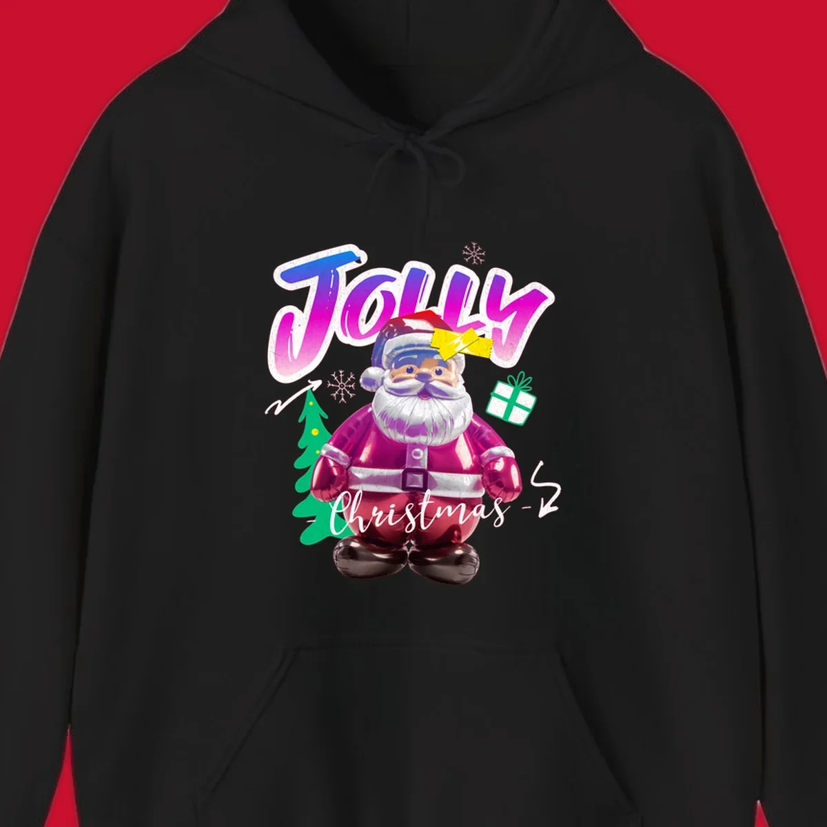 Jolly Christmas Santa balloon graphic with text, tree, gift, and snowflakes.