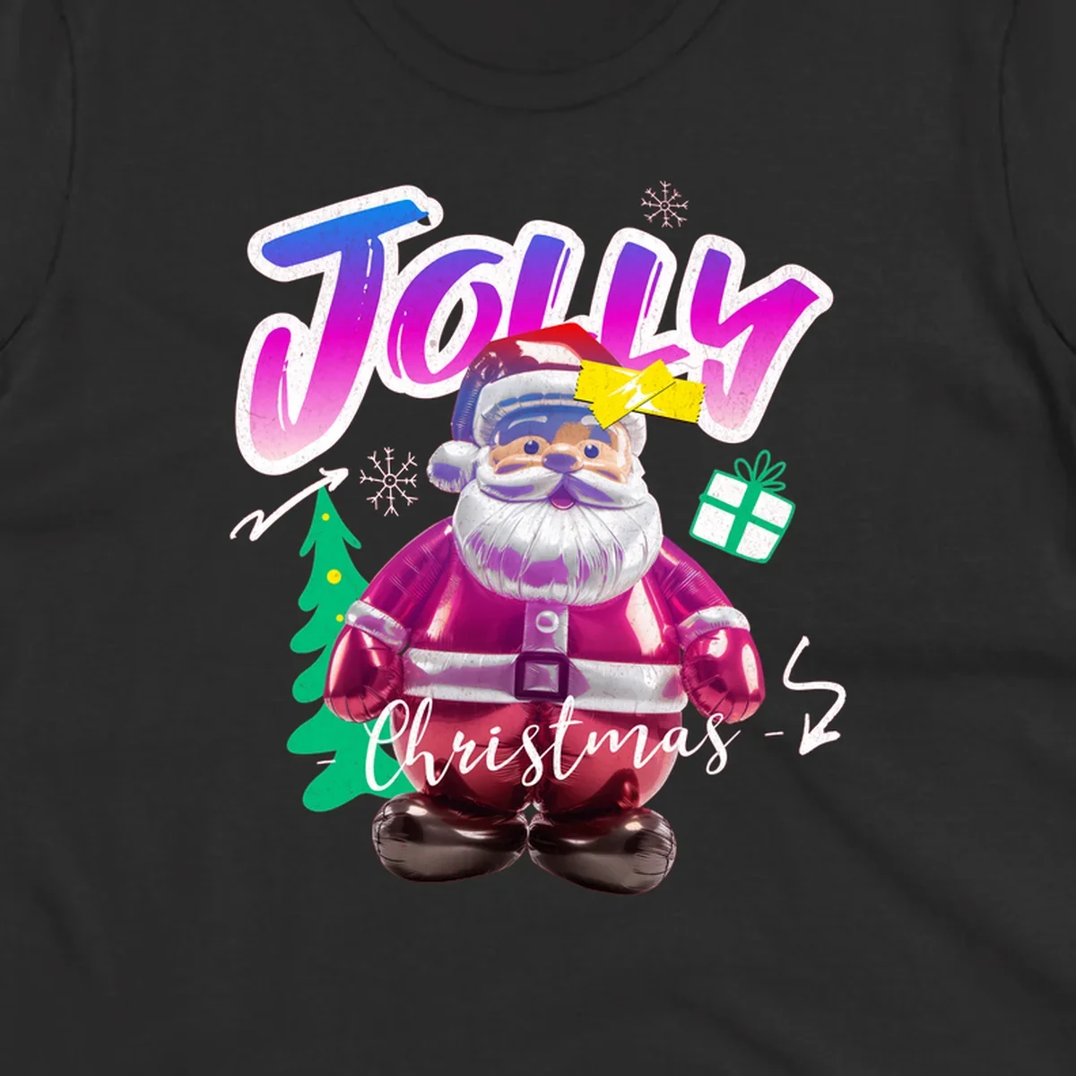 Jolly Christmas Santa balloon graphic with text, tree, gift, and snowflakes.