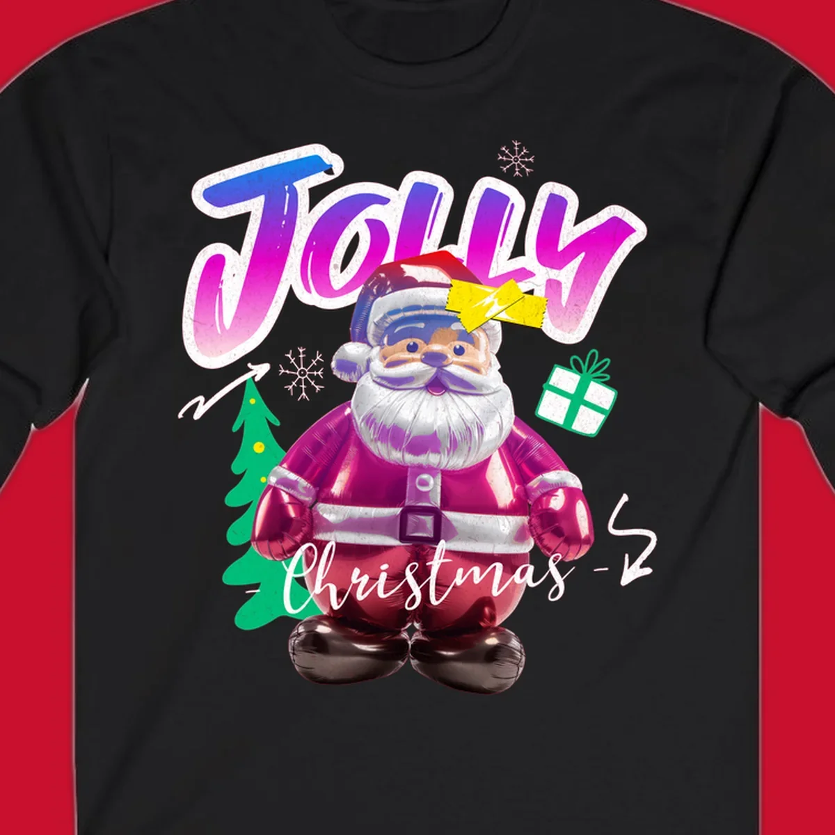 Jolly Christmas Santa balloon graphic with text, tree, gift, and snowflakes.