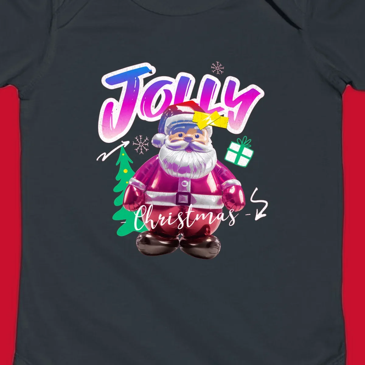 Jolly Christmas Santa balloon graphic with text, tree, gift, and snowflakes.
