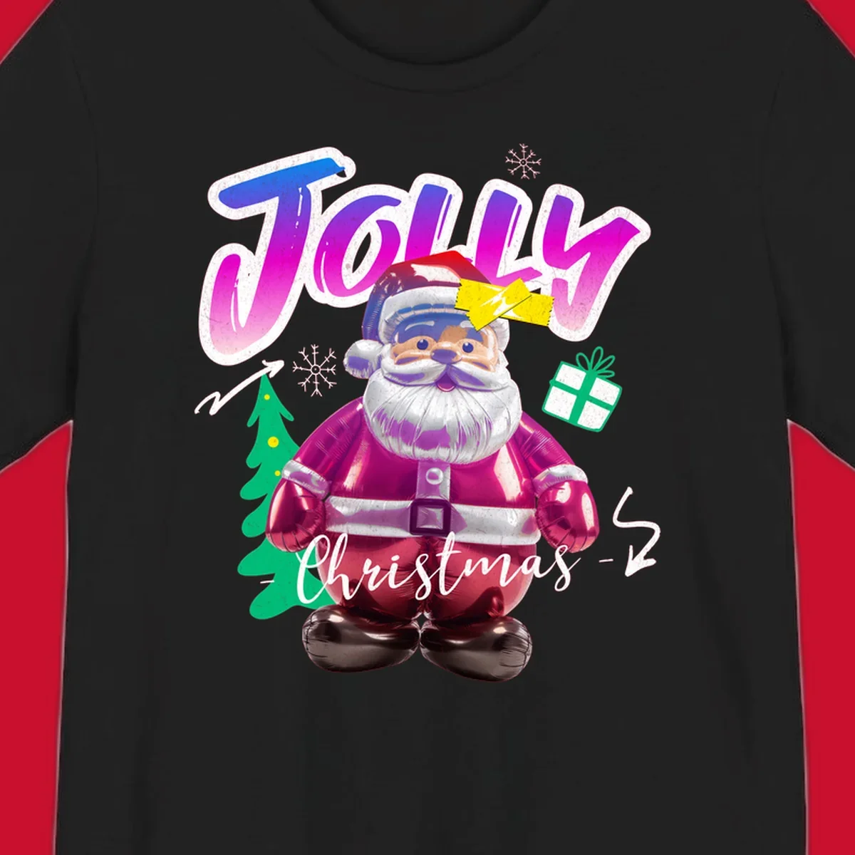 Jolly Christmas Santa balloon graphic with text, tree, gift, and snowflakes.