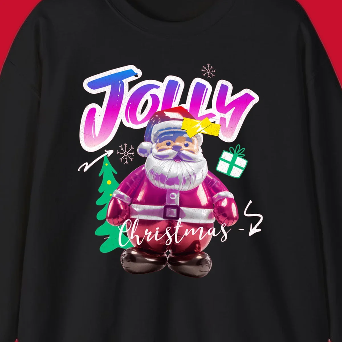 Jolly Christmas Santa balloon graphic with text, tree, gift, and snowflakes.