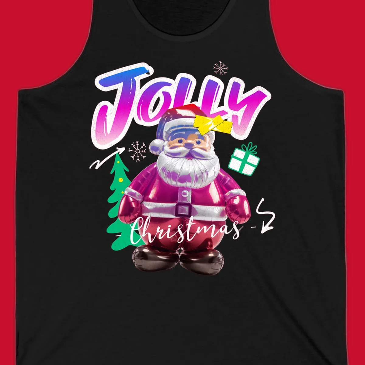 Jolly Christmas Santa balloon graphic with text, tree, gift, and snowflakes.
