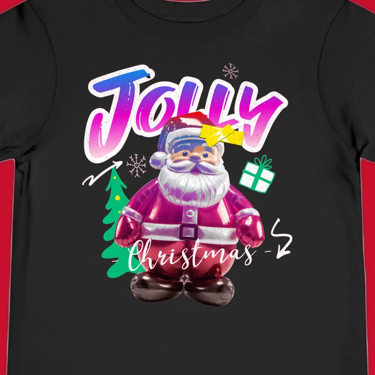 Jolly Christmas Santa balloon graphic with text, tree, gift, and snowflakes.