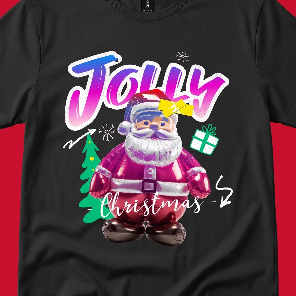 Jolly Christmas Santa balloon graphic with text, tree, gift, and snowflakes.