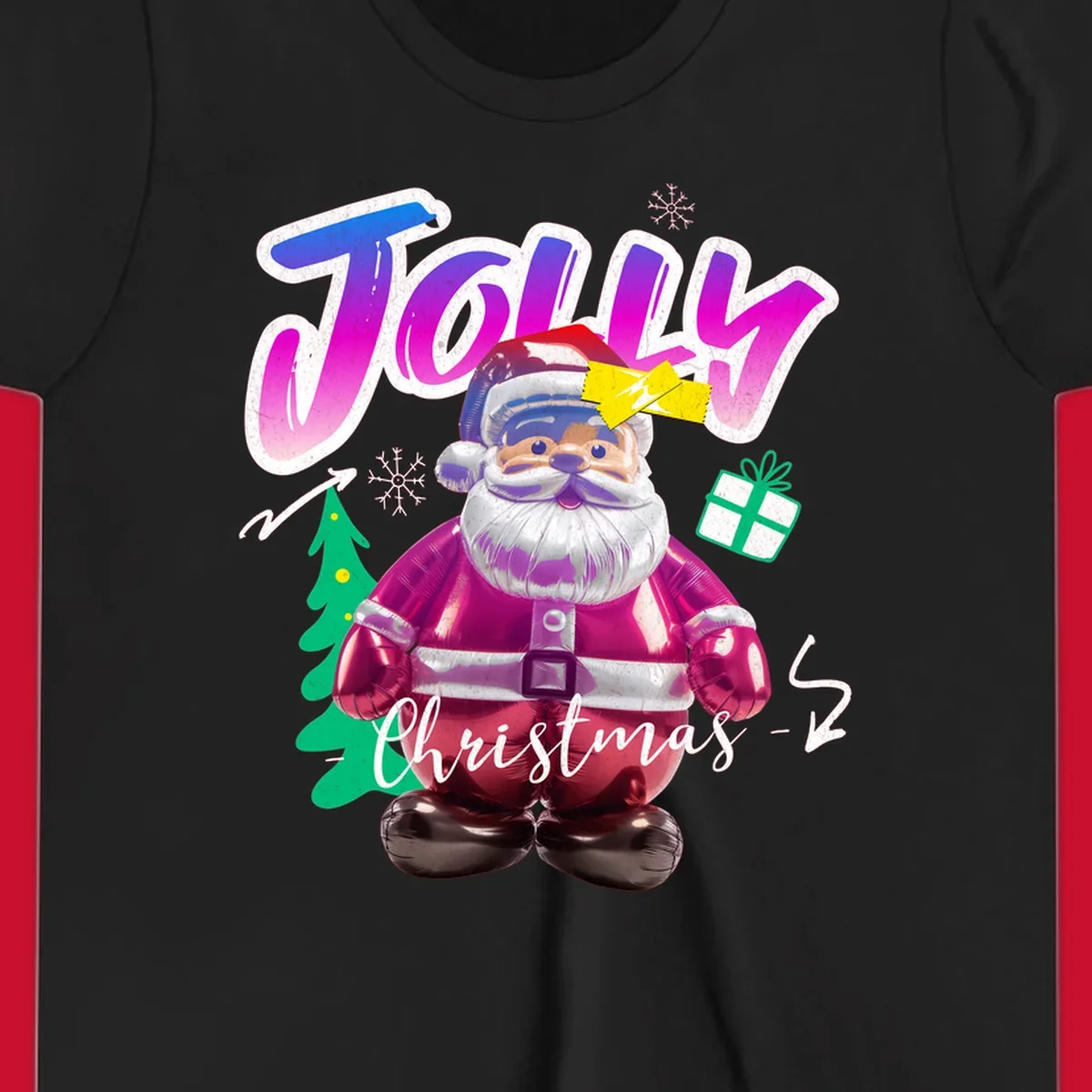 Jolly Christmas Santa balloon graphic with text, tree, gift, and snowflakes.