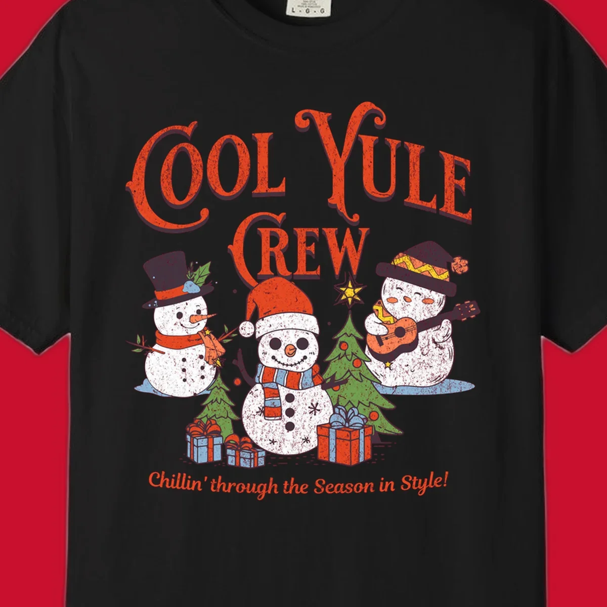 Cool Yule Crew snowmen with guitars and gifts, celebrating the holiday season.