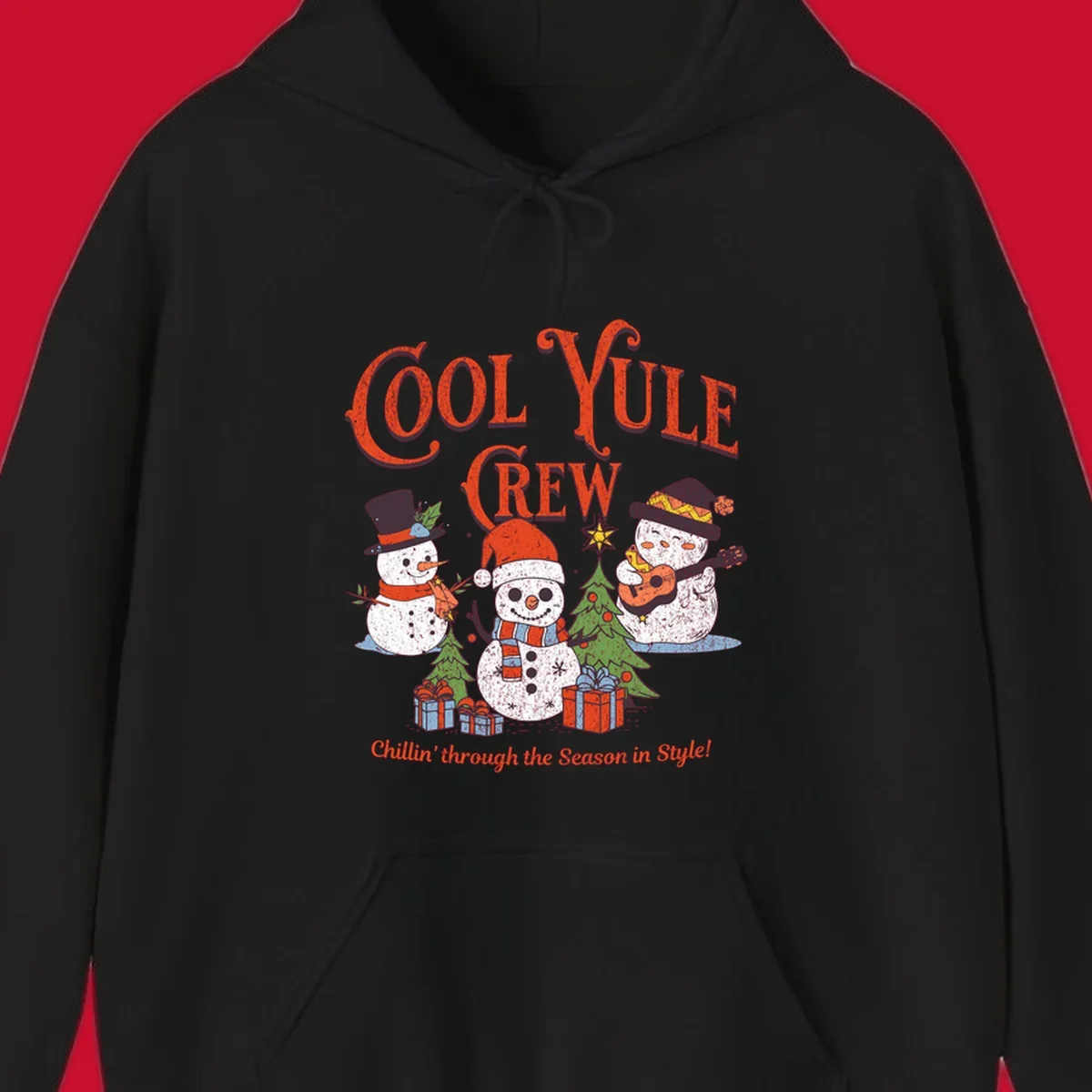 Cool Yule Crew snowmen with guitars and gifts, celebrating the holiday season.