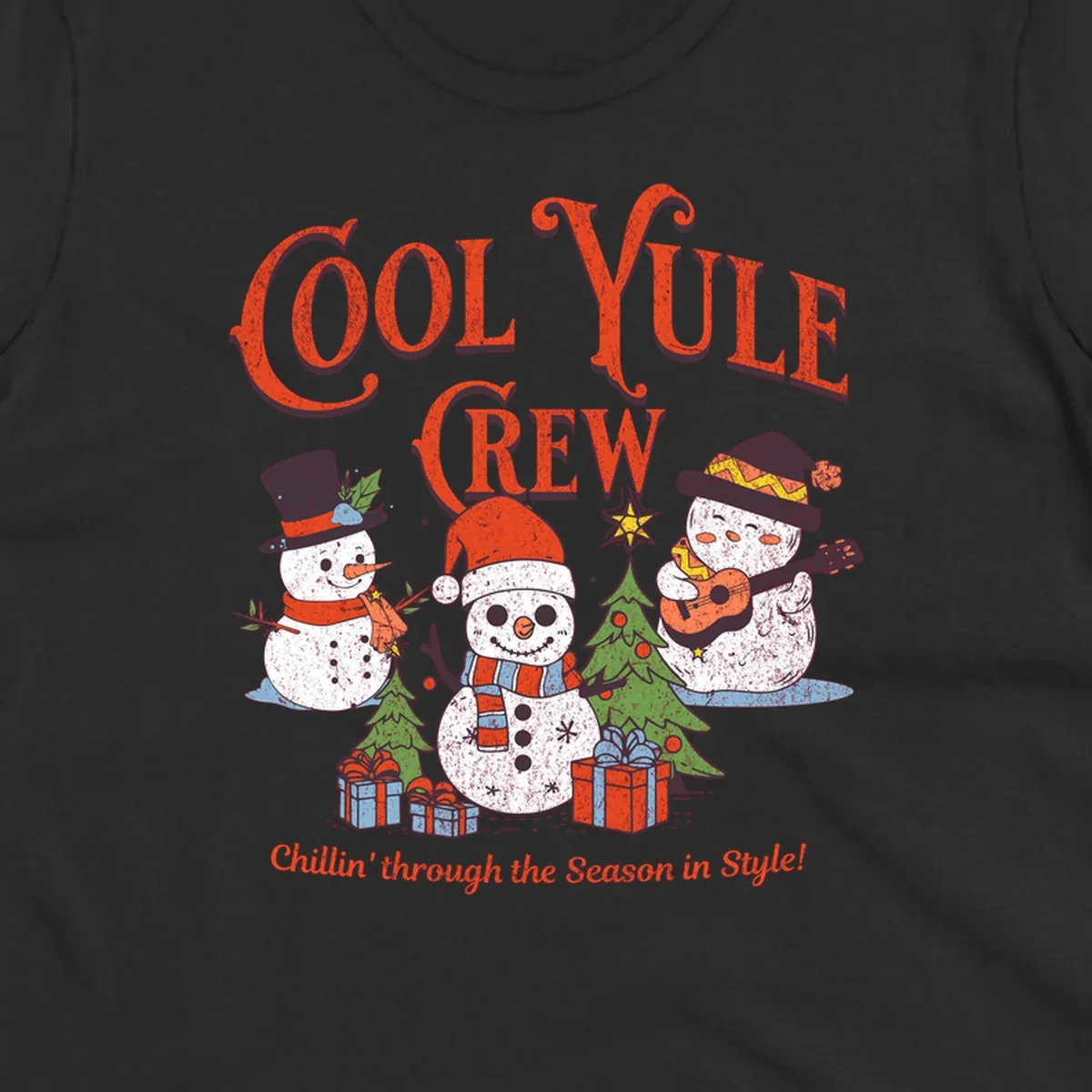 Cool Yule Crew snowmen with guitars and gifts, celebrating the holiday season.