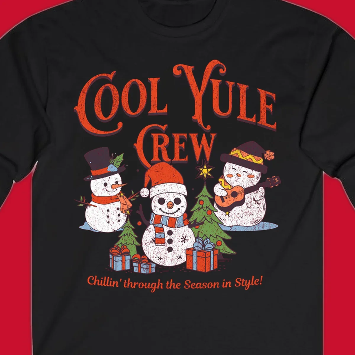 Cool Yule Crew snowmen with guitars and gifts, celebrating the holiday season.