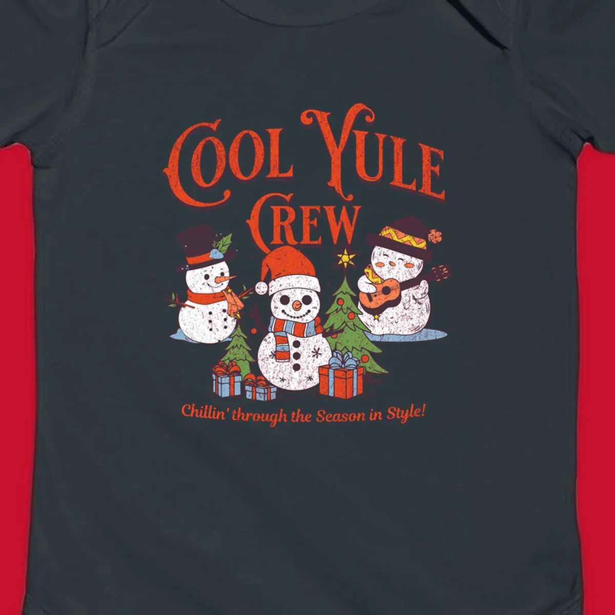 Cool Yule Crew snowmen with guitars and gifts, celebrating the holiday season.